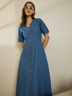 Denim Short Sleeve V Neck Dress