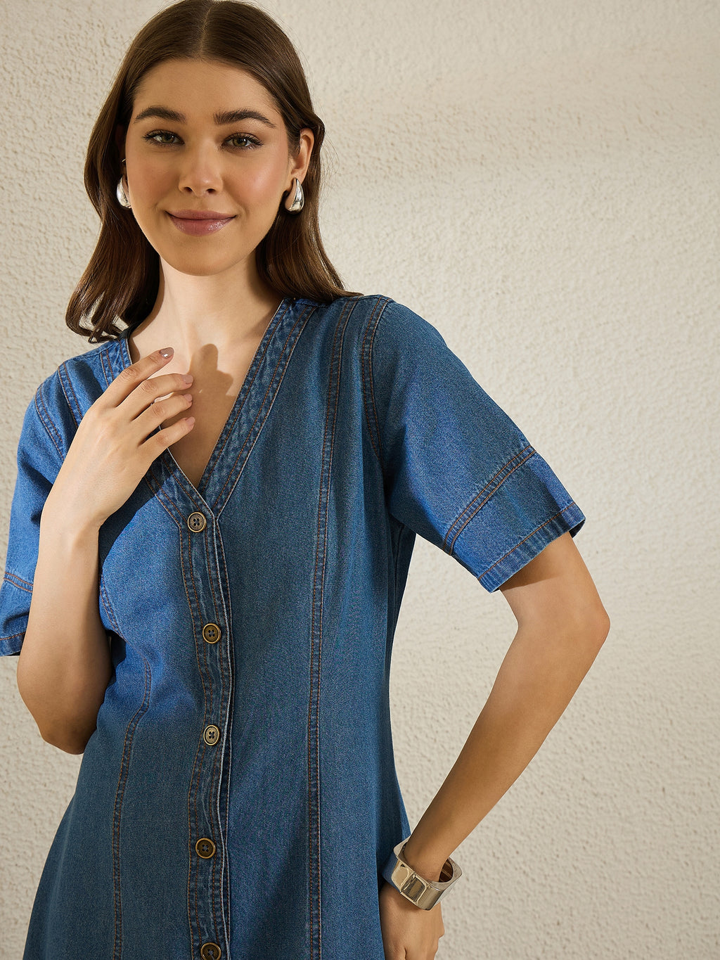 Denim Short Sleeve V Neck Dress