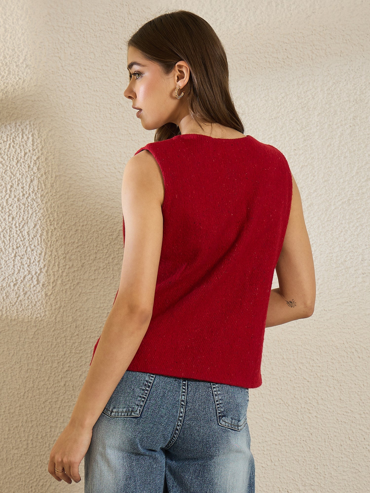 Red Woolen Vest With Lace Top