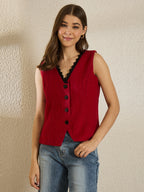 Red Woolen Vest With Lace Top