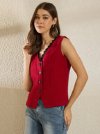 Red Woolen Vest With Lace Top
