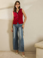 Red Woolen Vest With Lace Top