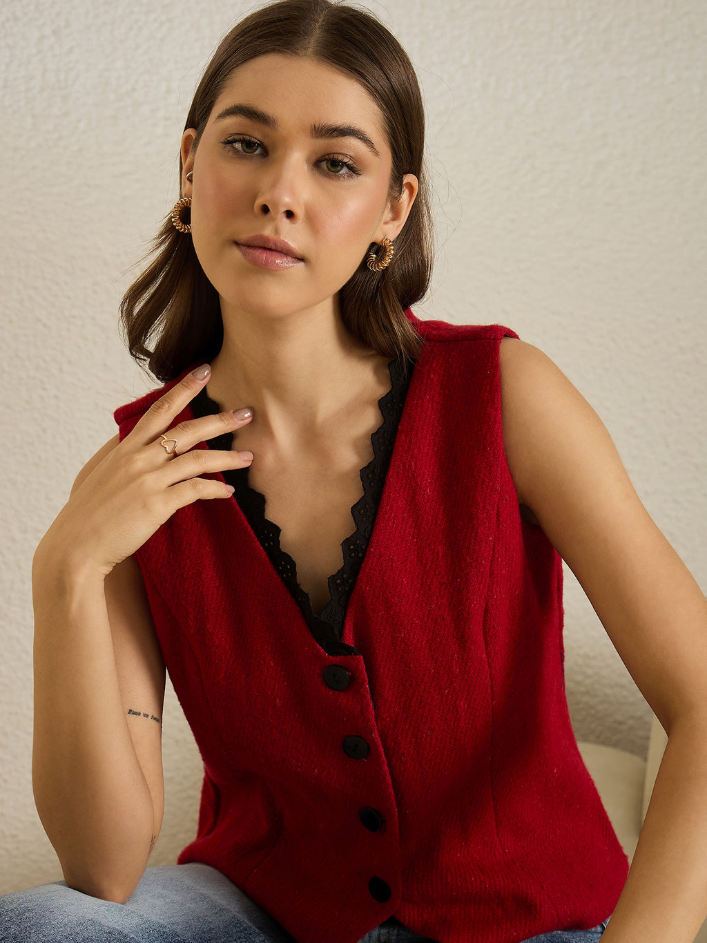 Red Woolen Vest With Lace Top