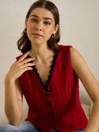 Red Woolen Vest With Lace Top