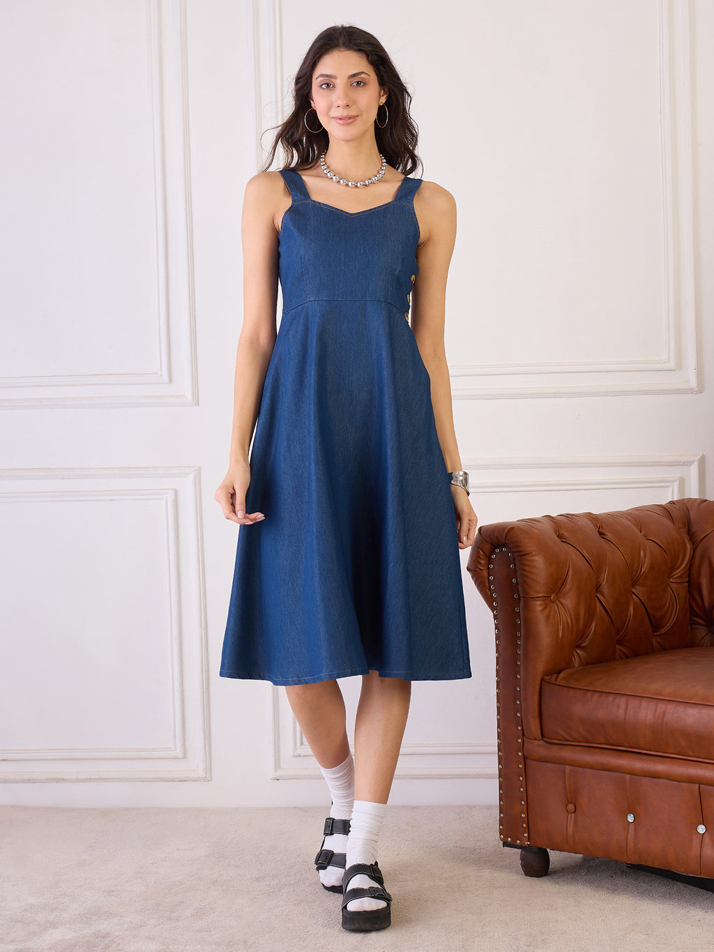 Denim Fit and Flare Button Detail Dress