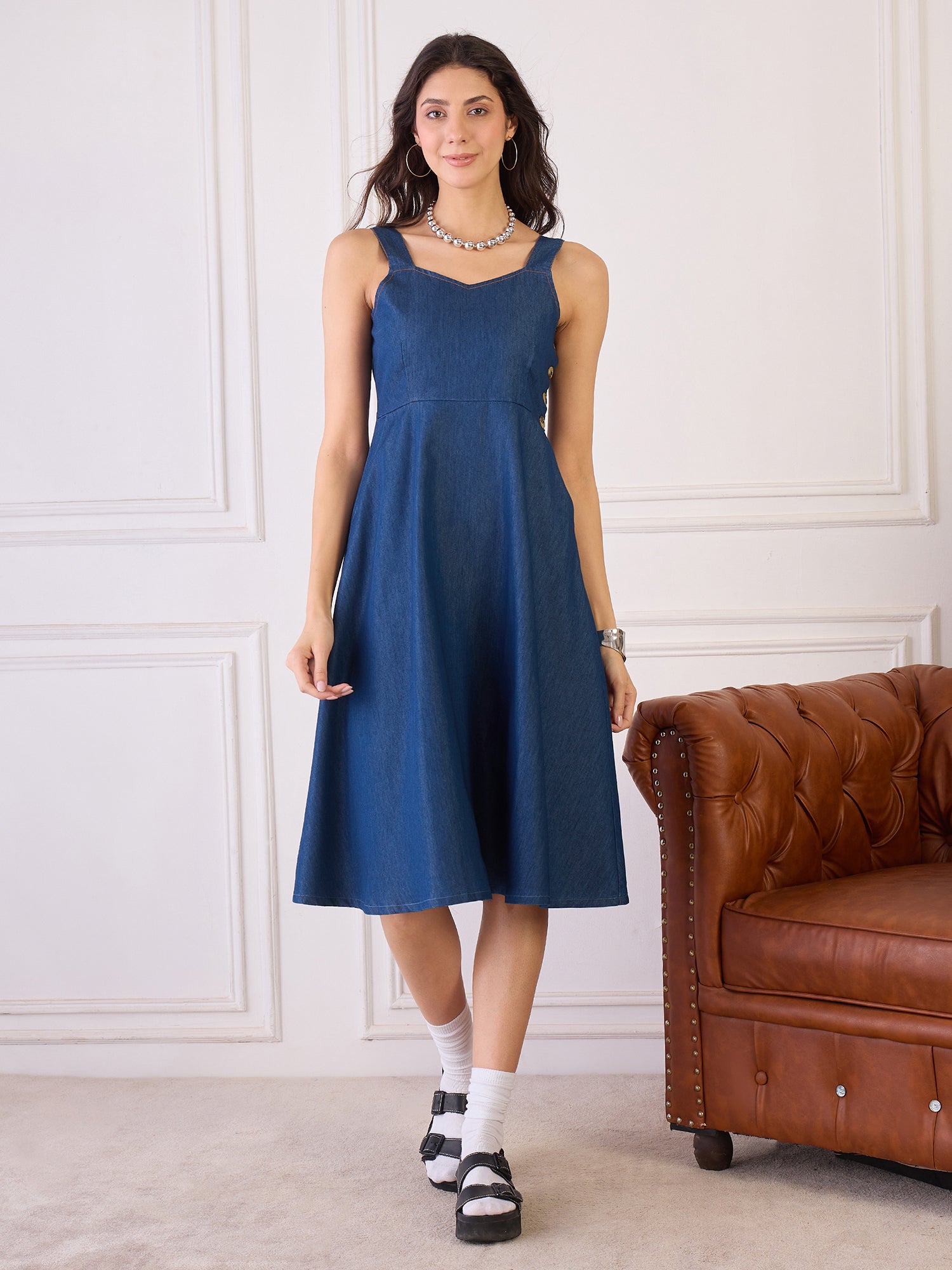 Denim Fit and Flare Button Detail Dress