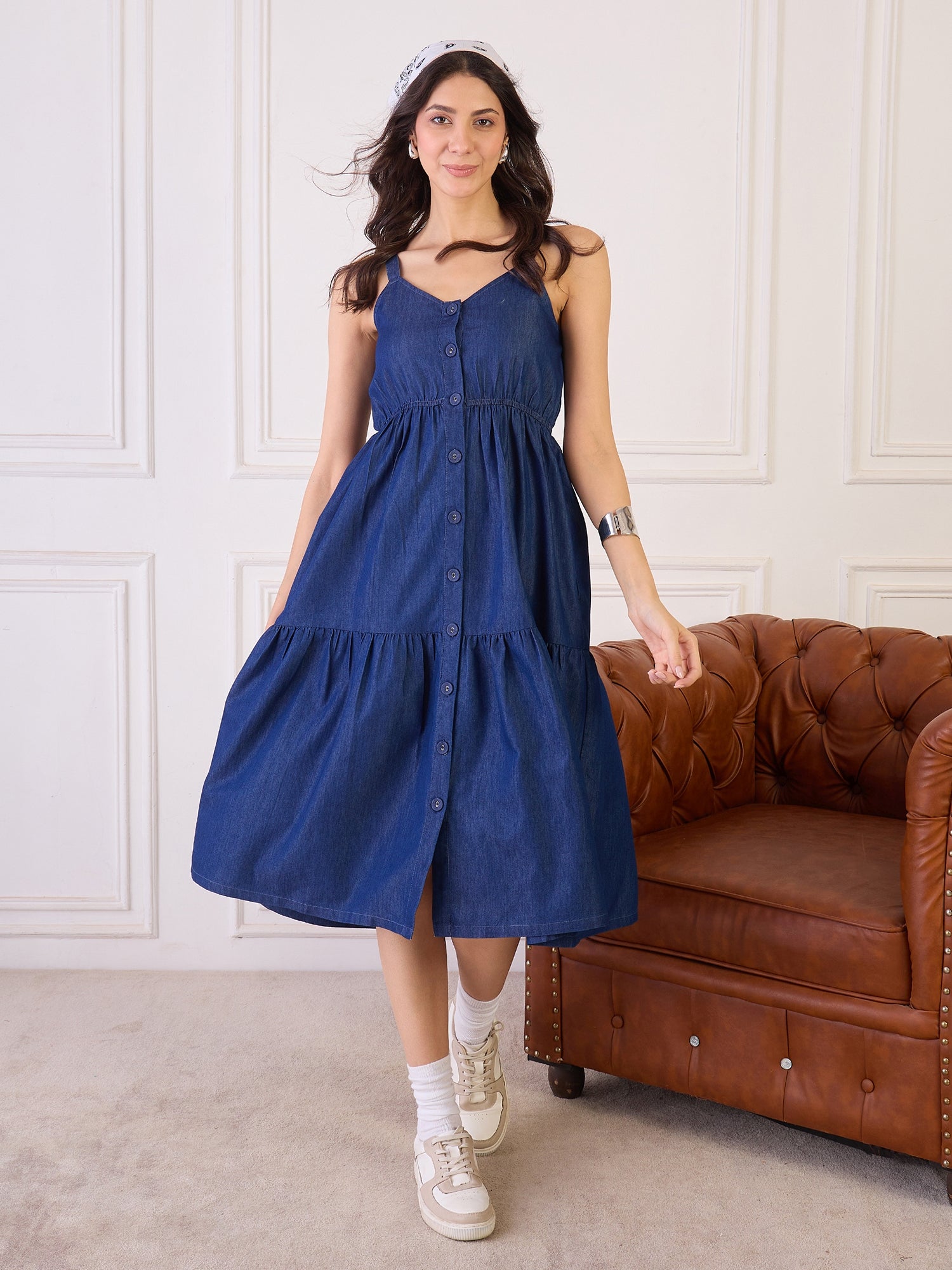 Denim Strappy Tiered Dress