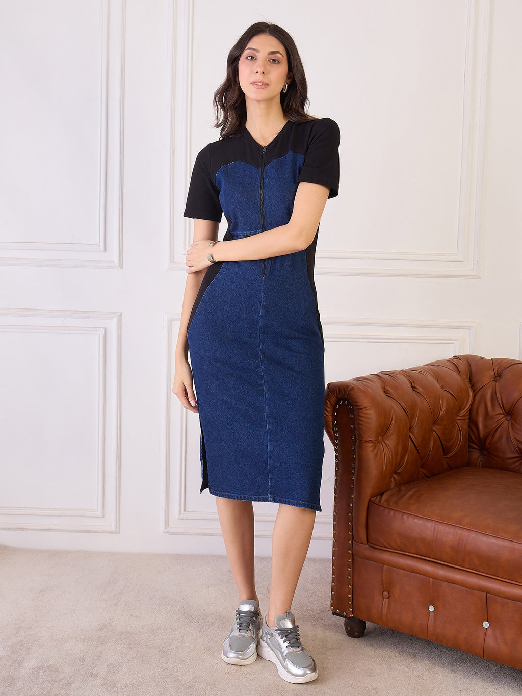 Denim Colour Block Zipper Dress