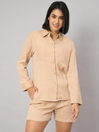 Beige Pure Cotton Shorts Set