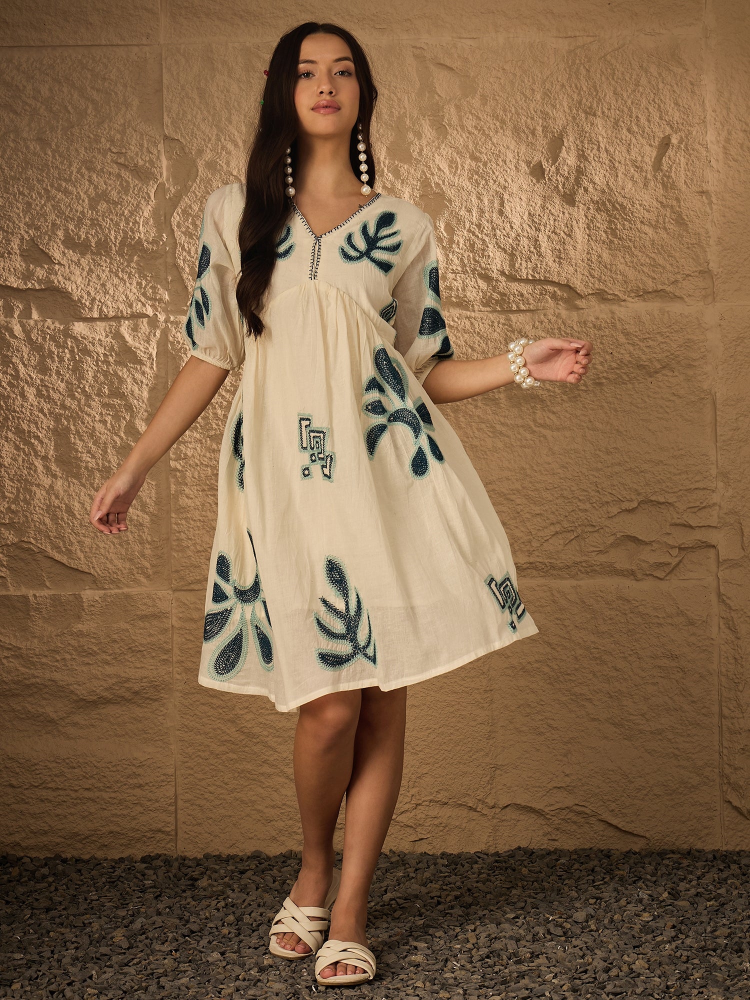 Multi Emb Pure Cotton Fit & Flare Dress