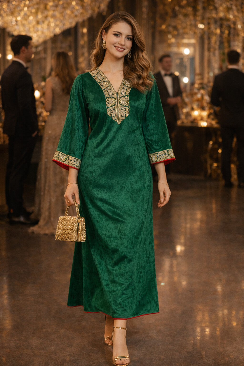 Green V Neck Luxury Velvet Abaya Dress