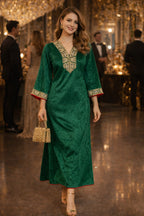 Green V Neck Luxury Velvet Abaya Dress