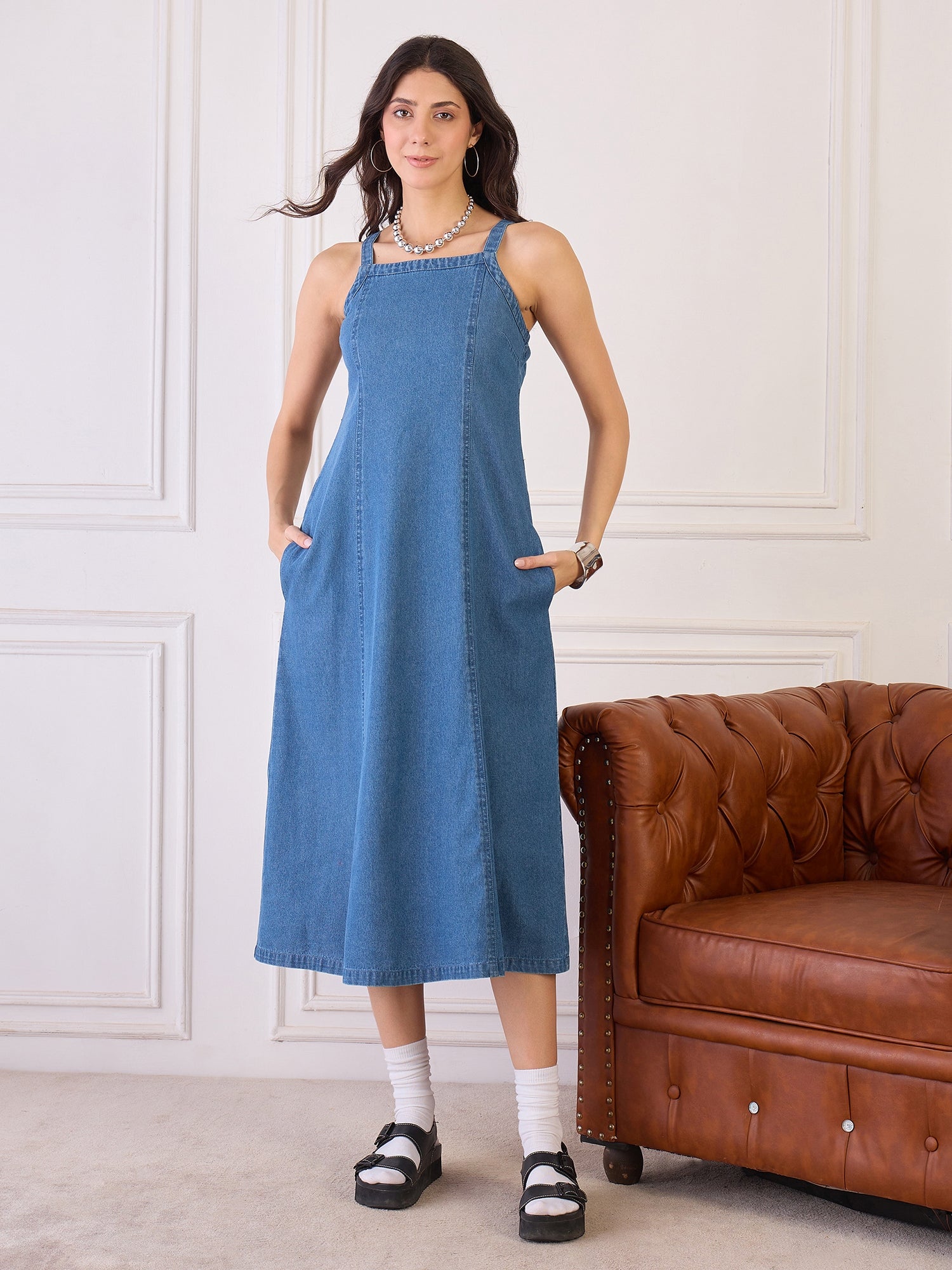 Denim Strappy Fit And Flare Dress