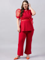 Red Organza Sleeve Lapel Collar Top With Straight Trouser Plus Size Co-Ords