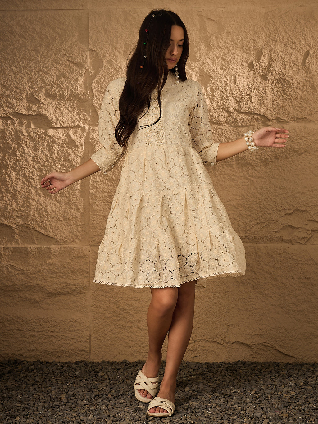 TONAL EMB PURE COTTON FIT & FLARE DRESS