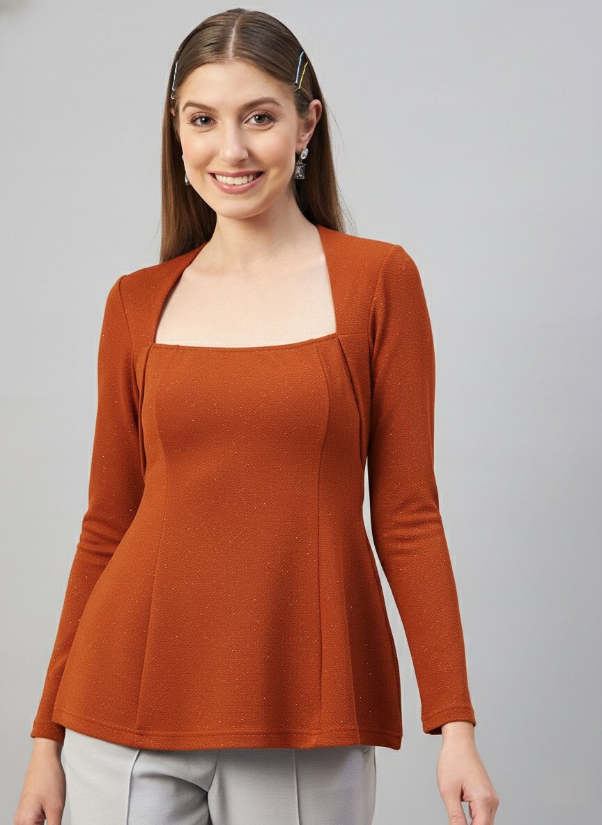 Orange Glitter Square R Neck  Peplum Top