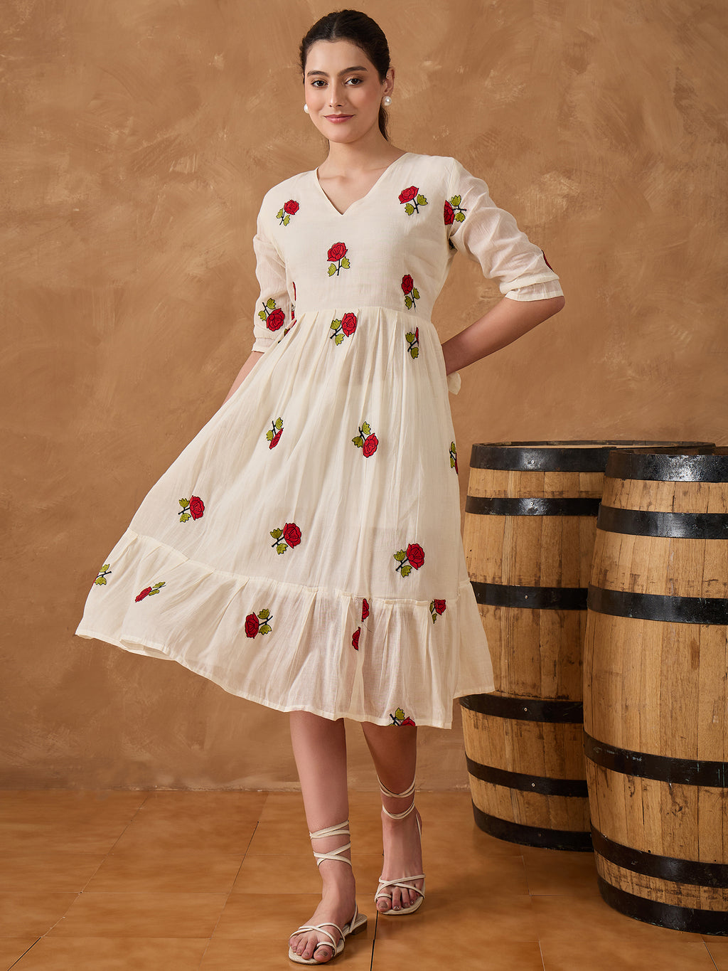 FLORAL EMB PURE COTTON FIT & FLARE DRESS