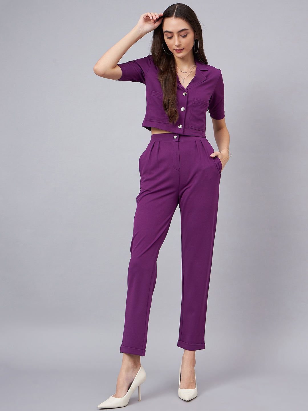 Purple Crop Blazer With Tapered Pants