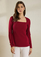Maroon Glitter Square  Neck  Peplum Top