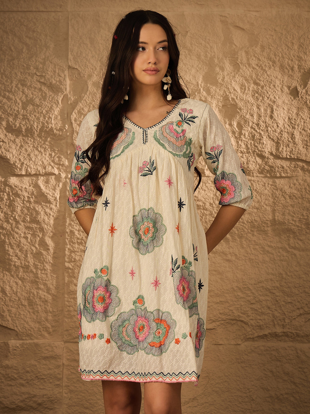 Multi Emb Pure Cotton Fit & Flare Dress