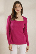 Fuchsia Pink Glitter Square Neck  Peplum Top