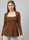 Camel Brown Glitter square Neck  Peplum Top