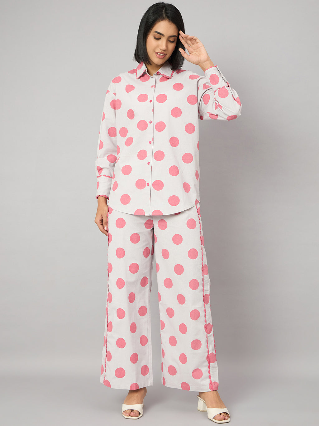 Pink Polka Dot Contrast Lace Shirt With Pant Set