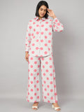 Pink Polka Dot Contrast Lace Shirt With Pant Set