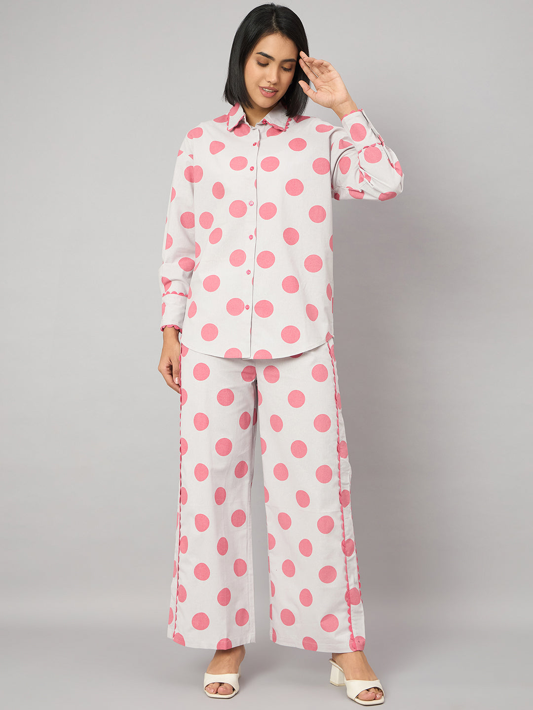 Pink Polka Dot Contrast Lace Shirt With Pant Set