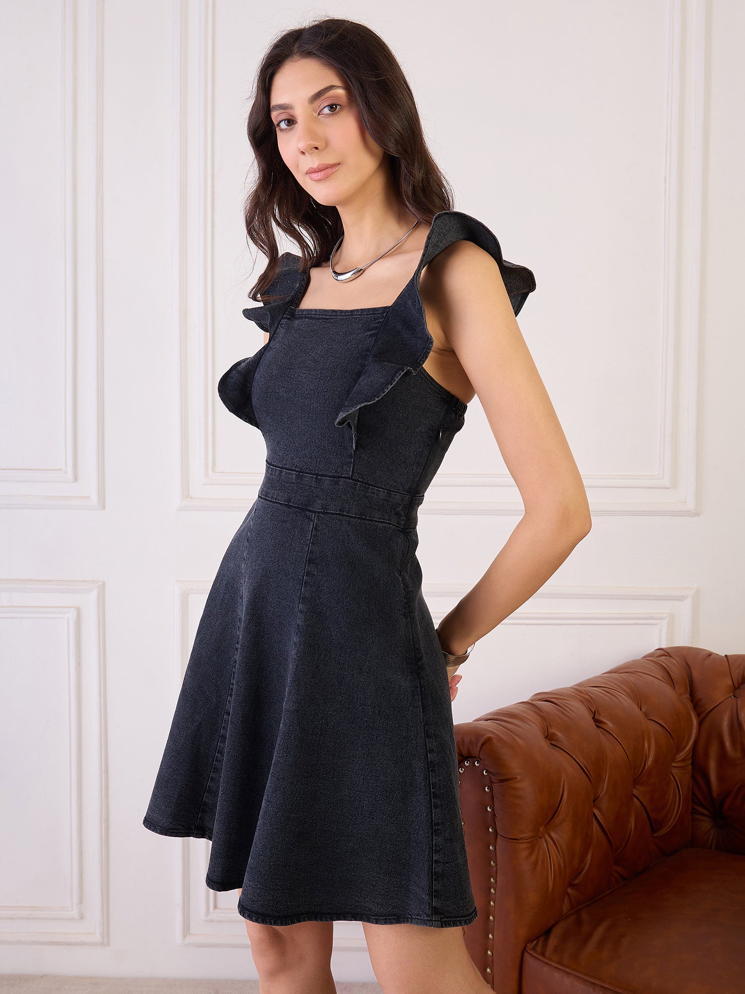 Denim Frill Detail Fit and Flare Dress