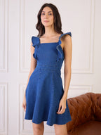 Denim Frill Detail Fit and Flare Dress