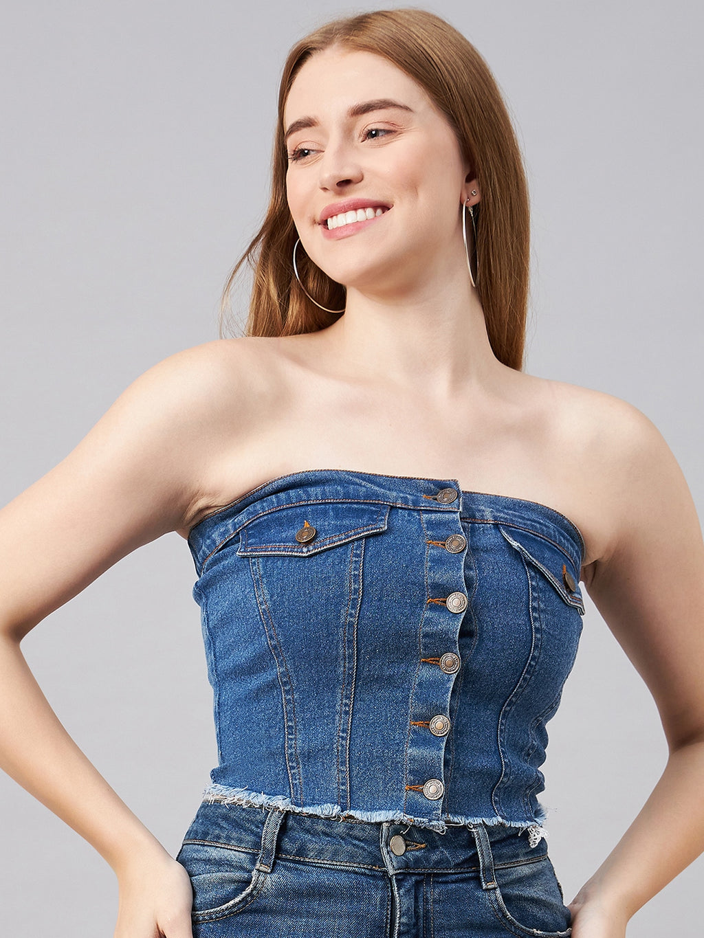 Blue Crop Tube Denim Top