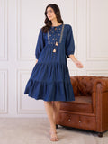 DENIM BLUE EMBROIDERED TIERED A - LINE DRESS