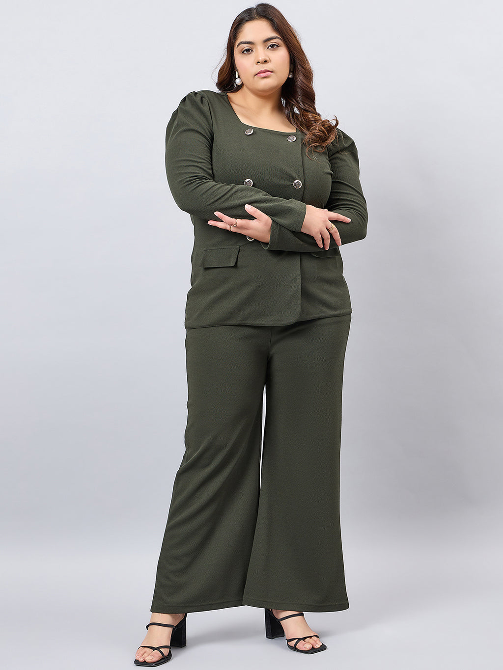 Olive Front Button Blazer Top With Pants