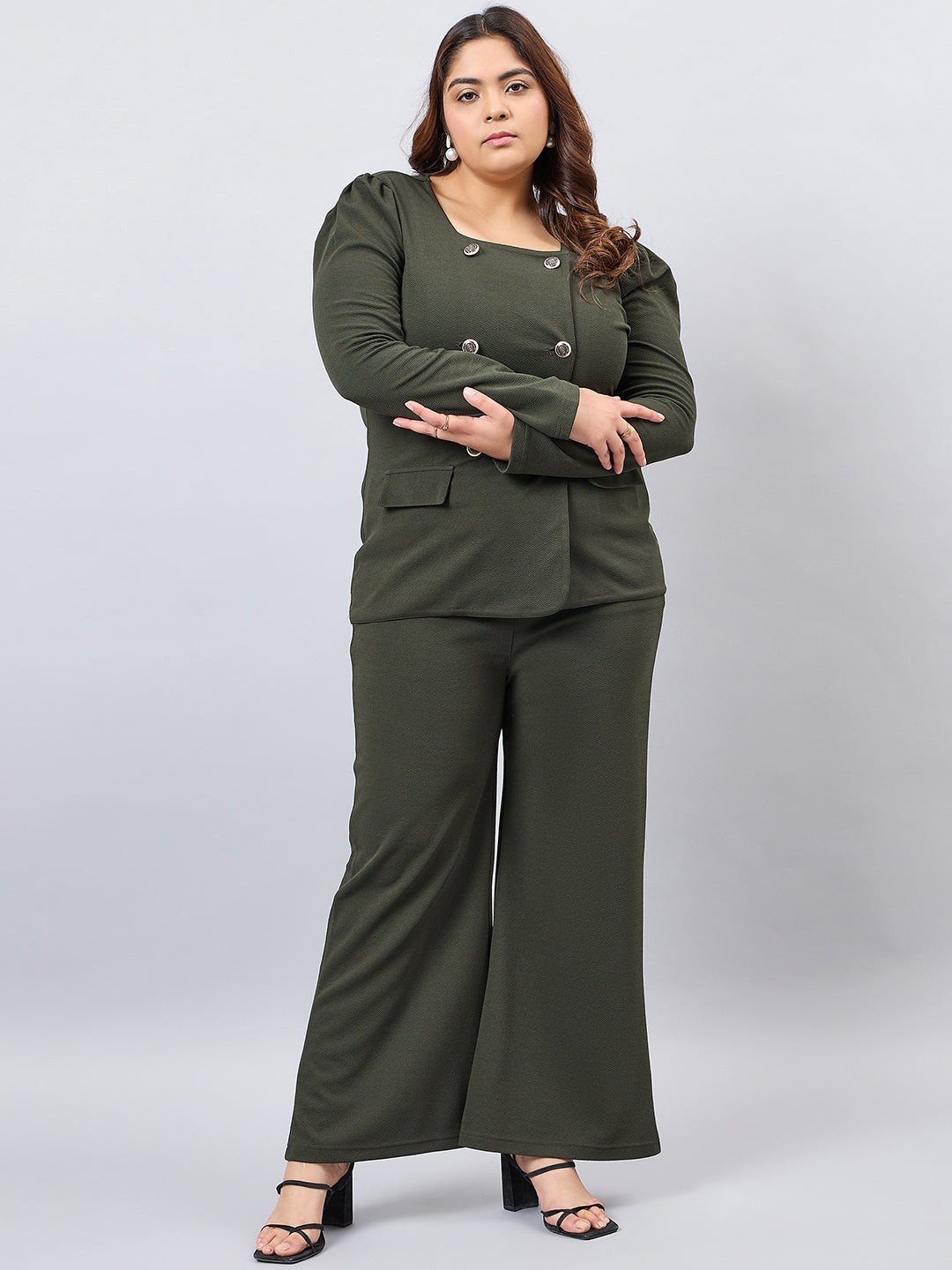 Olive Front Button Blazer Top With Pants