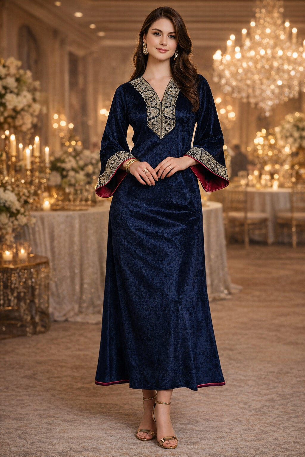 Green V Neck Luxury Velvet Abaya Dress