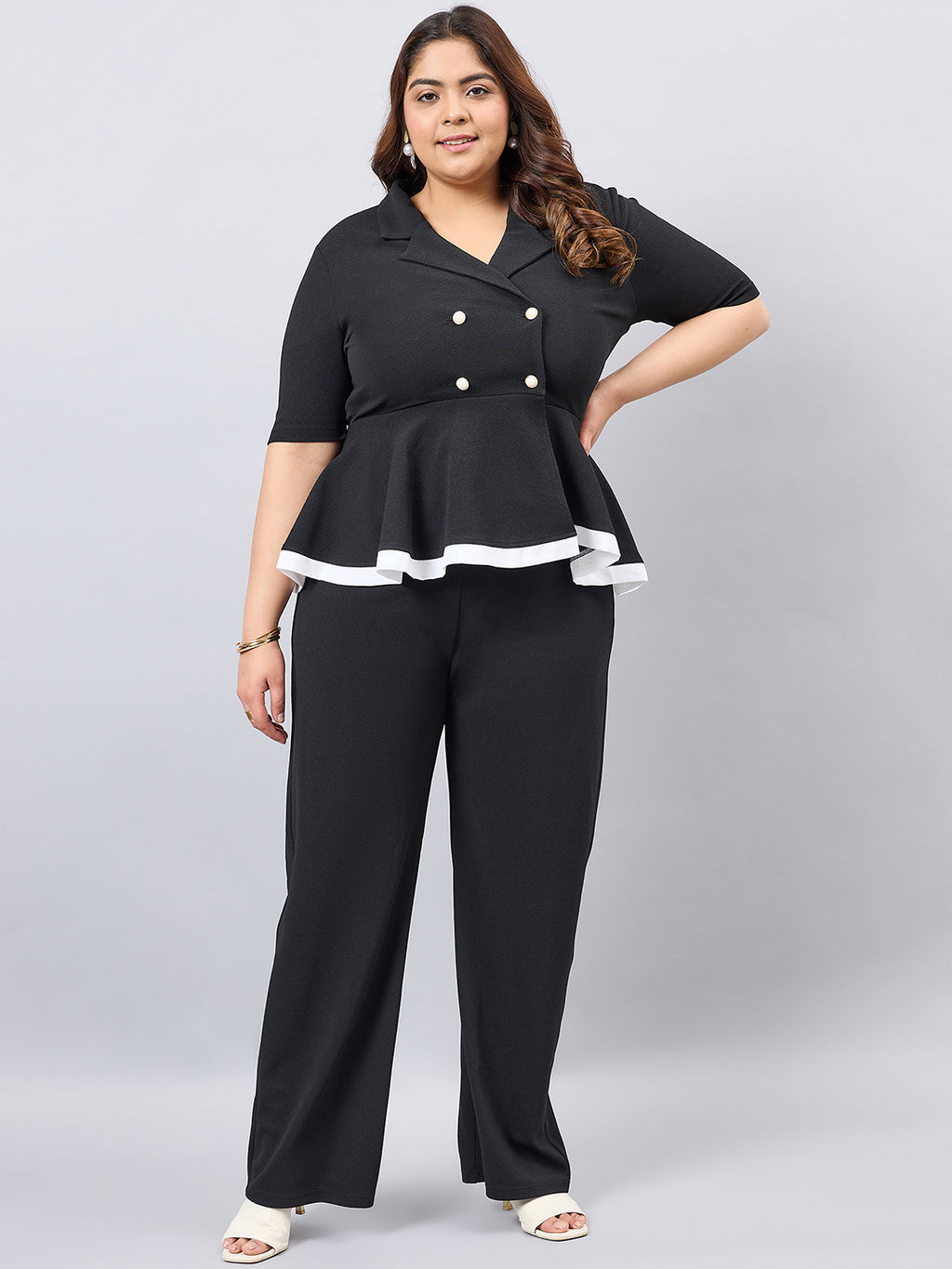 Black V-Neck Top With  Skirt Pant Plus Size Set