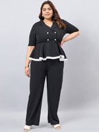 Black V-Neck Top With  Skirt Pant Plus Size Set