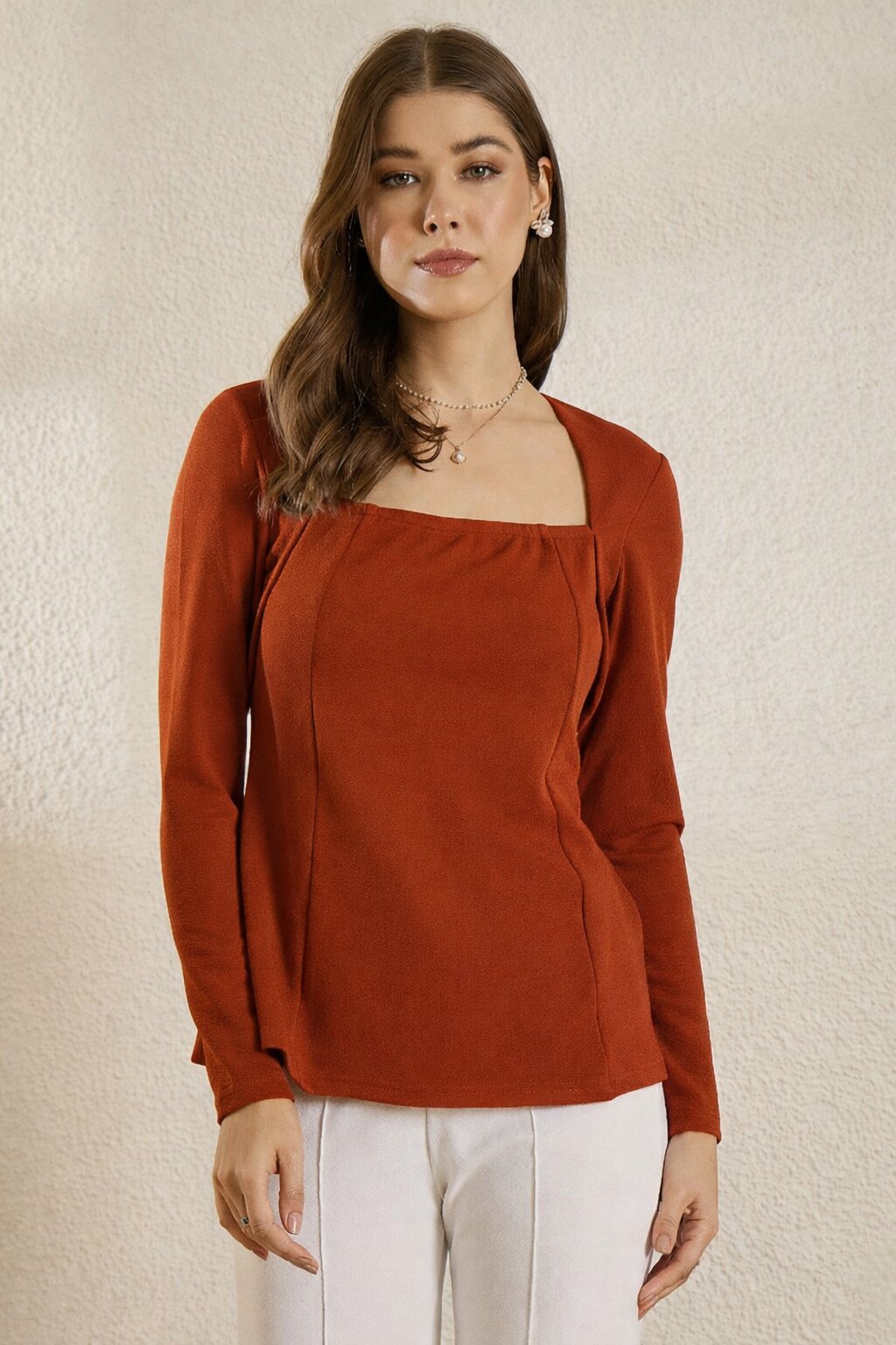 Rust Square R Neck  Peplum Top