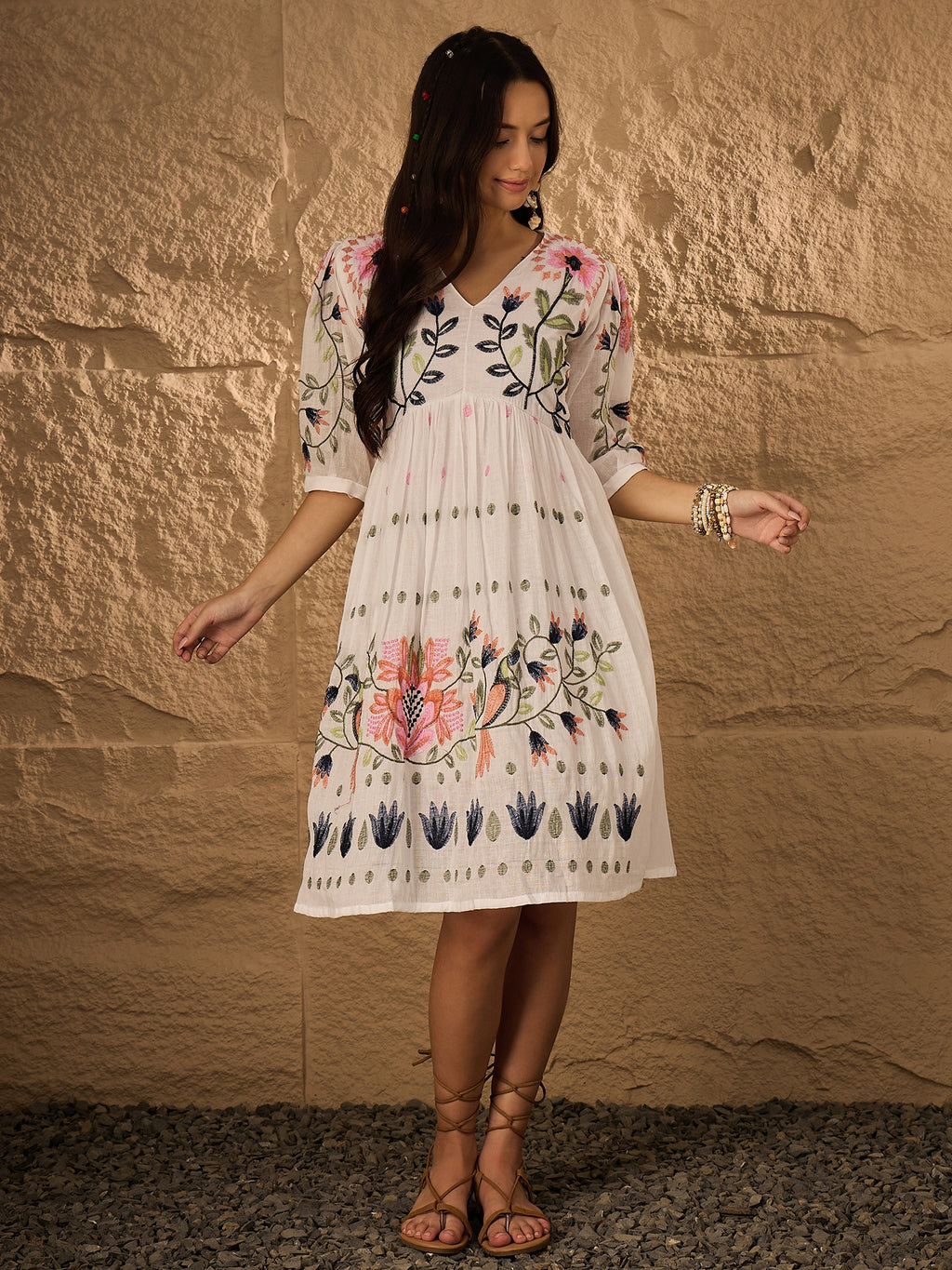 Multi Emb Pure Cotton Fit & Flare Dress
