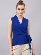Royal Blue V Neck Sleeveless Wrap Top