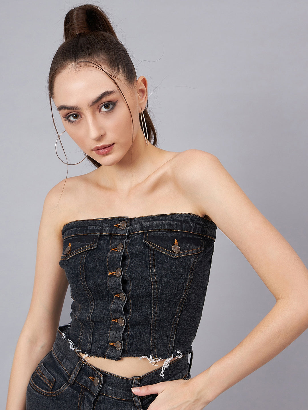 Black Crop Tube Denim Top