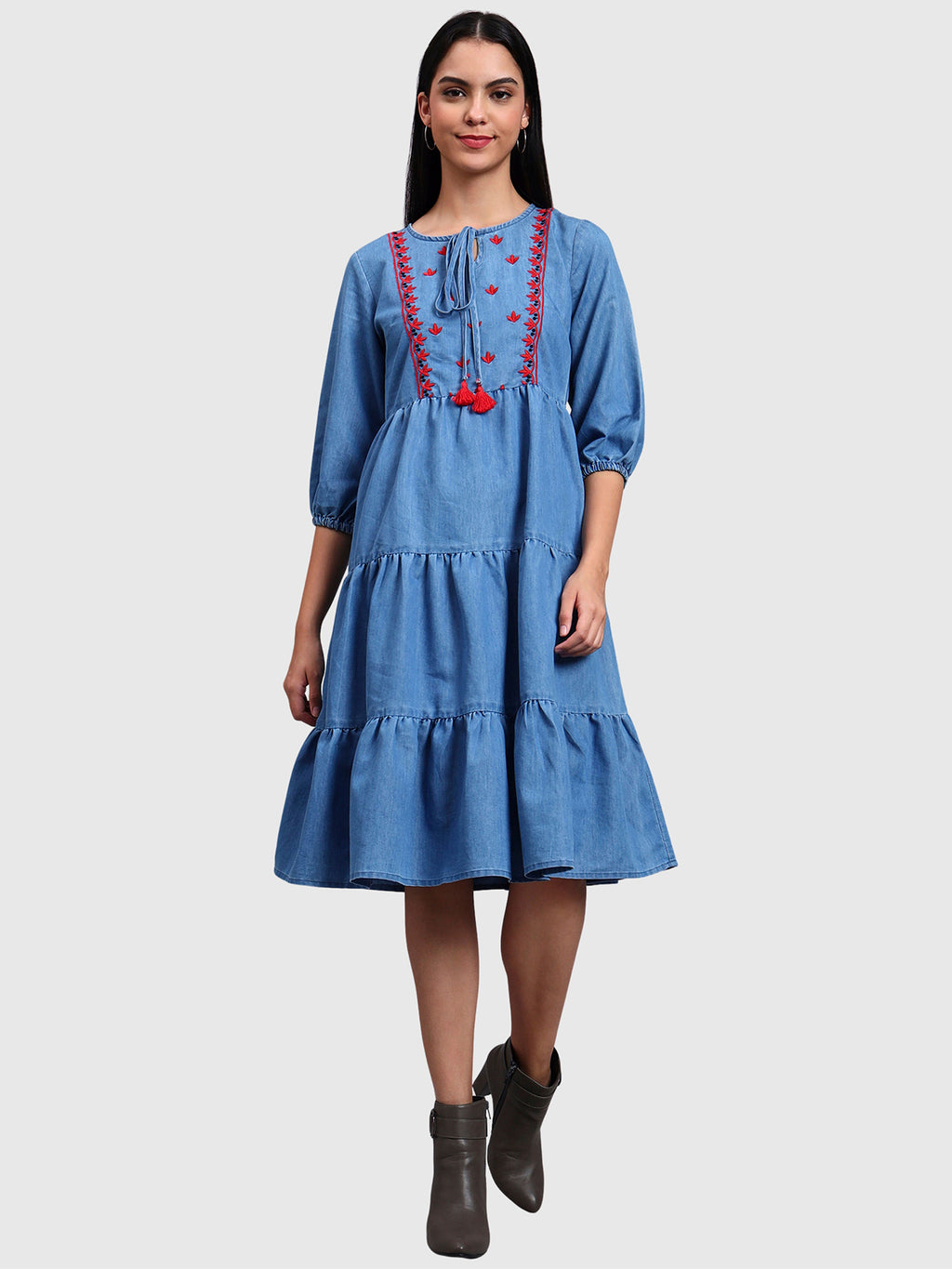Light Blue Denim Embroidered Dress