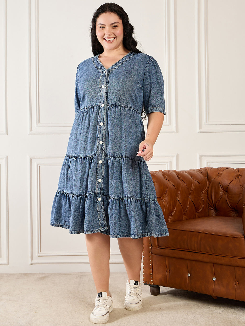Denim V Neck Tiered Dress