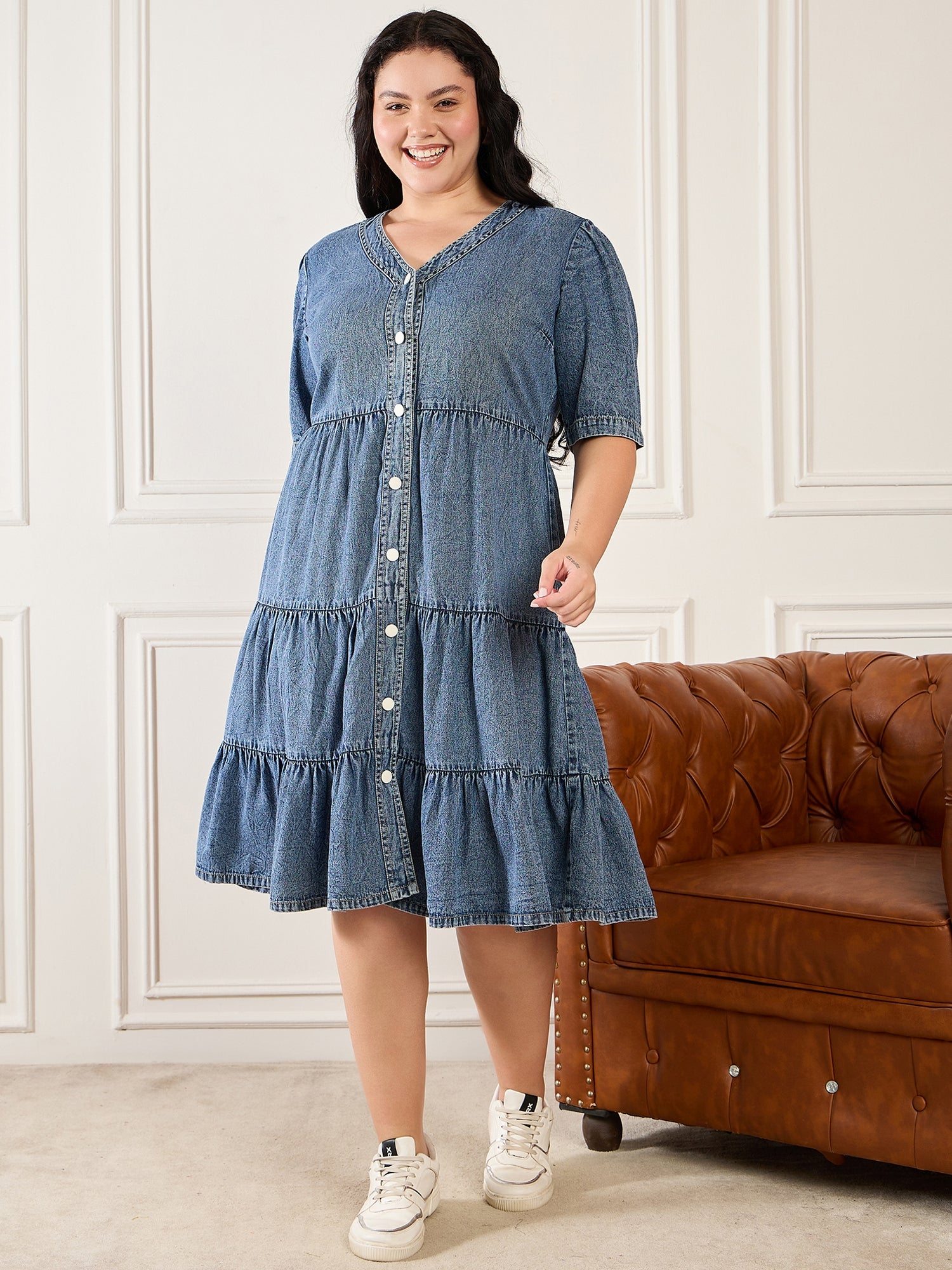 Denim V Neck Tiered Dress