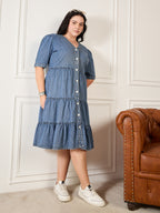 Denim V Neck Tiered Dress