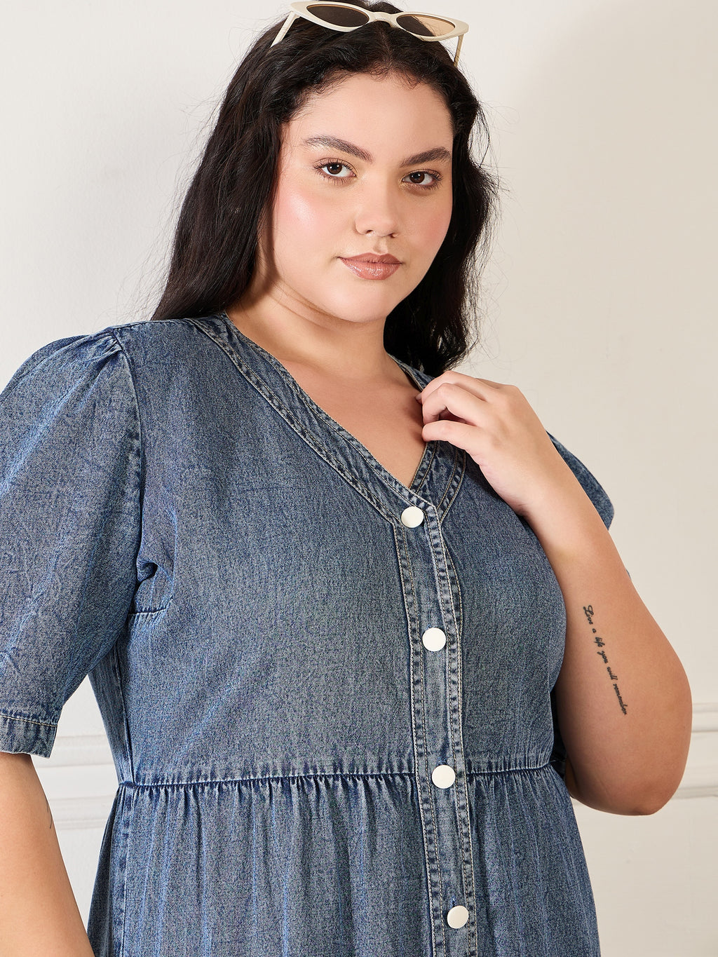 Denim V Neck Tiered Dress