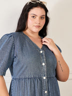 Denim V Neck Tiered Dress