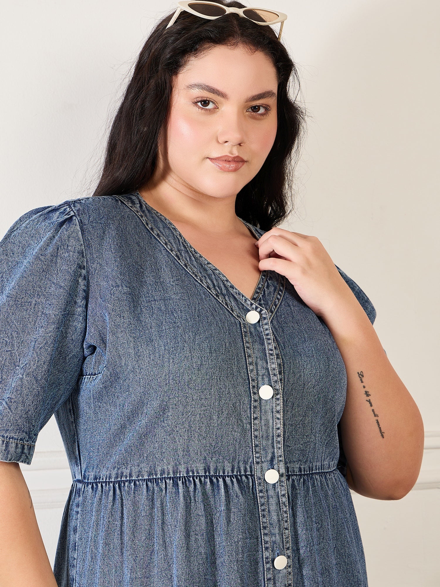 Denim V Neck Tiered Dress