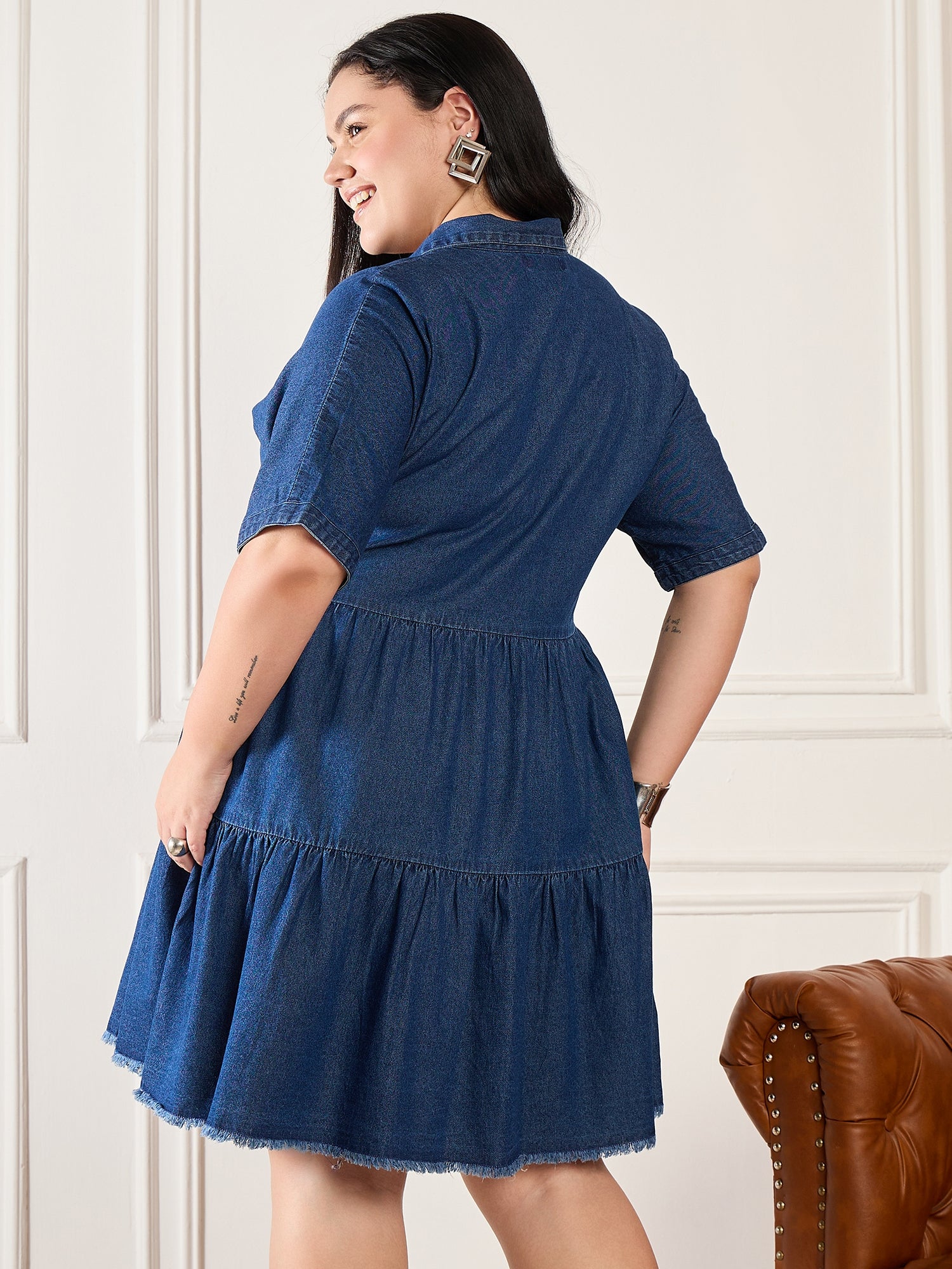 Denim Front Open Tiered Dress